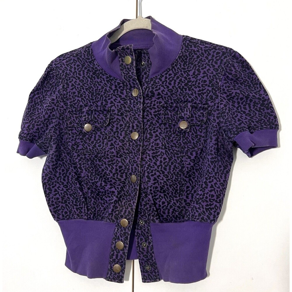 Max Rave Jacket‎ Womens XS Purple Cheetah Print Short Sleeve Snap Closure Y2K
